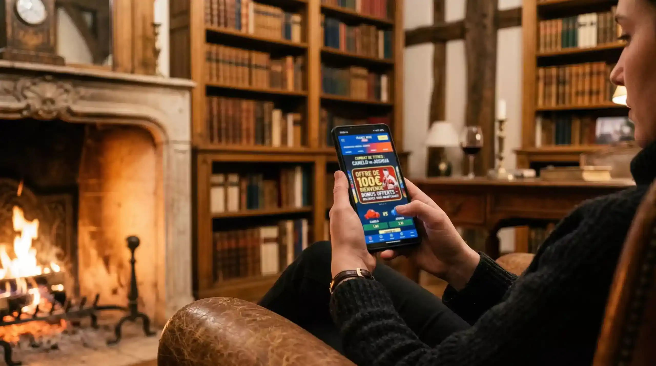 Smartphone affichant une interface de paris sportifs avec un badge promotionnel de bienvenue