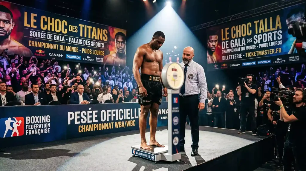 Balance de pesée officielle de boxe installée lors d'une cérémonie de pesée avant combat