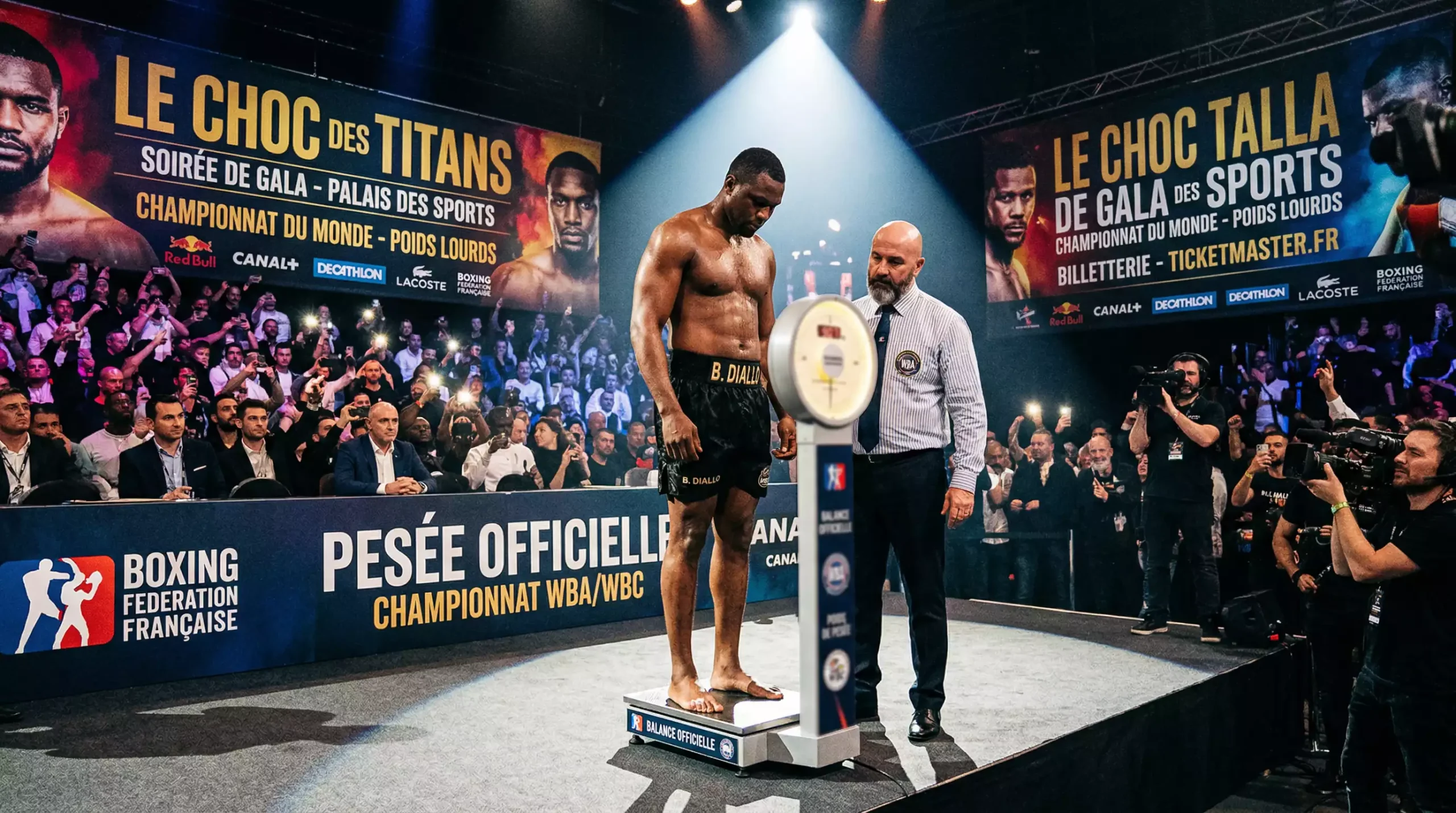 Balance de pesée officielle de boxe installée lors d'une cérémonie de pesée avant combat