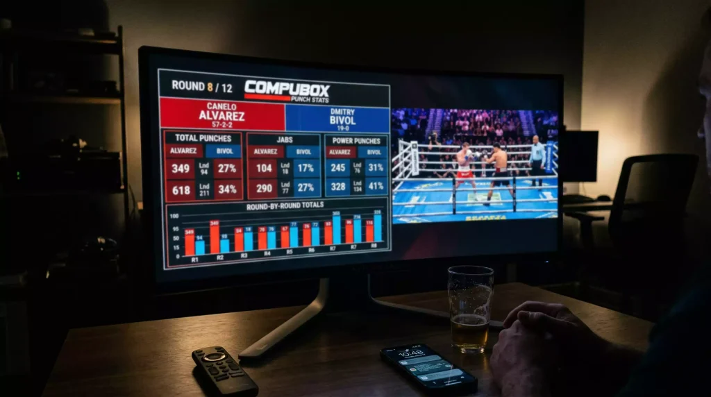 Écran affichant des statistiques CompuBox détaillées pendant un combat de boxe professionnel