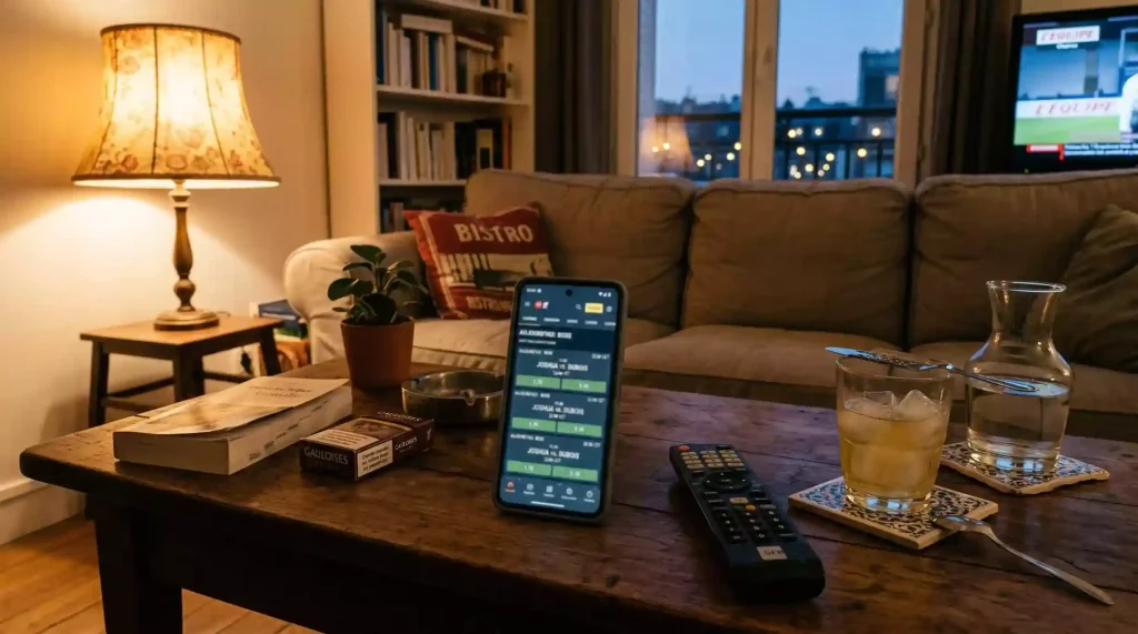 Smartphone posé sur une table de salon montrant les cotes d'un combat de boxe programmé ce soir
