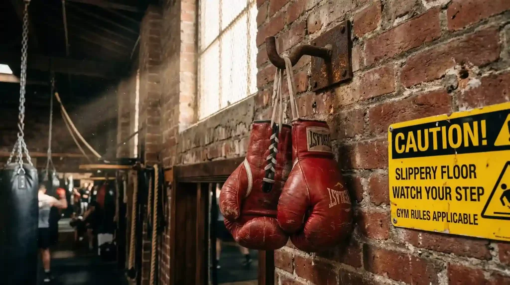 Gants de boxe accrochés à un crochet avec un panneau d'avertissement en arrière-plan