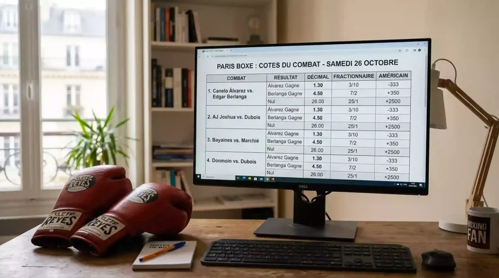 Tableau de conversion des cotes affiché sur un écran d'ordinateur avec des gants de boxe en fond