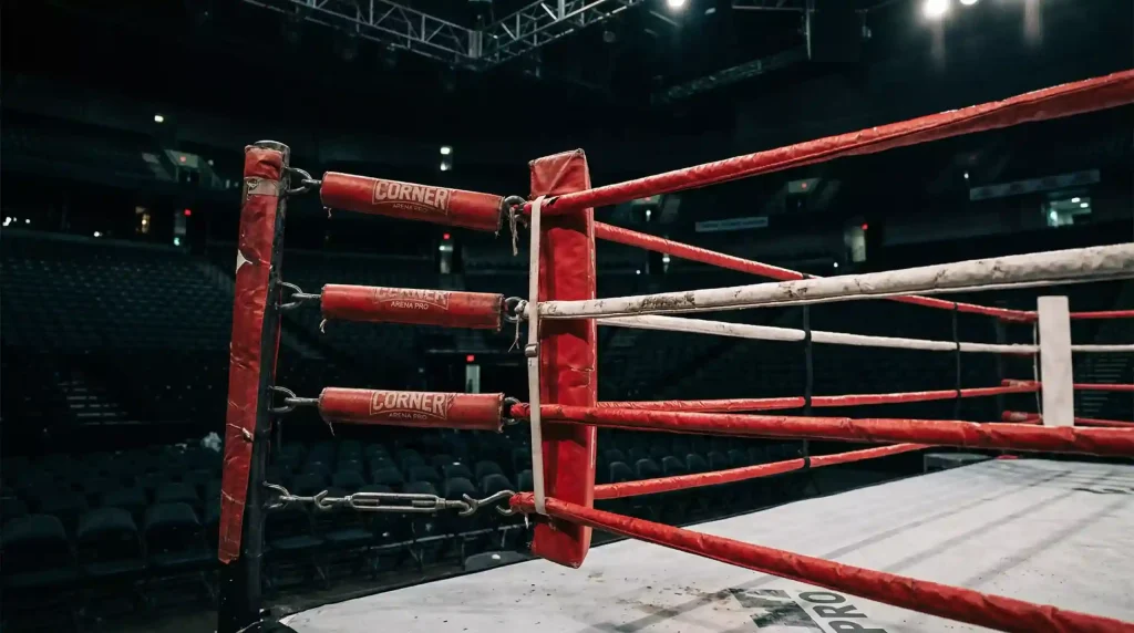 Coin d'un ring de boxe avec le panneau des rounds visible en arrière-plan