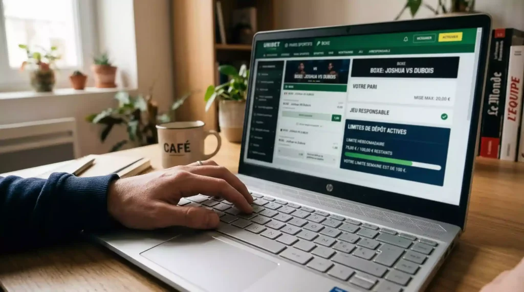 Main posée sur un clavier d'ordinateur avec un écran affichant des paramètres de limites de jeu