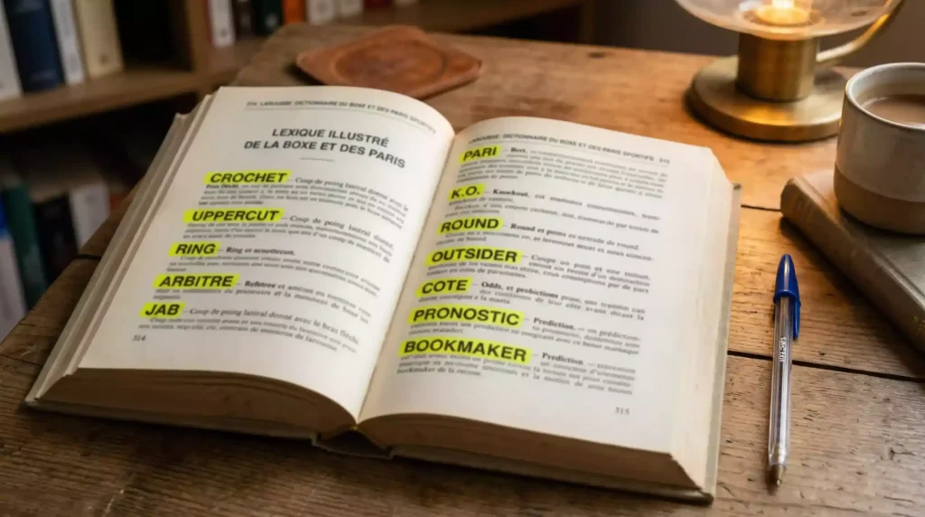 Dictionnaire ouvert sur une page avec des termes de boxe et de paris sportifs surlignés