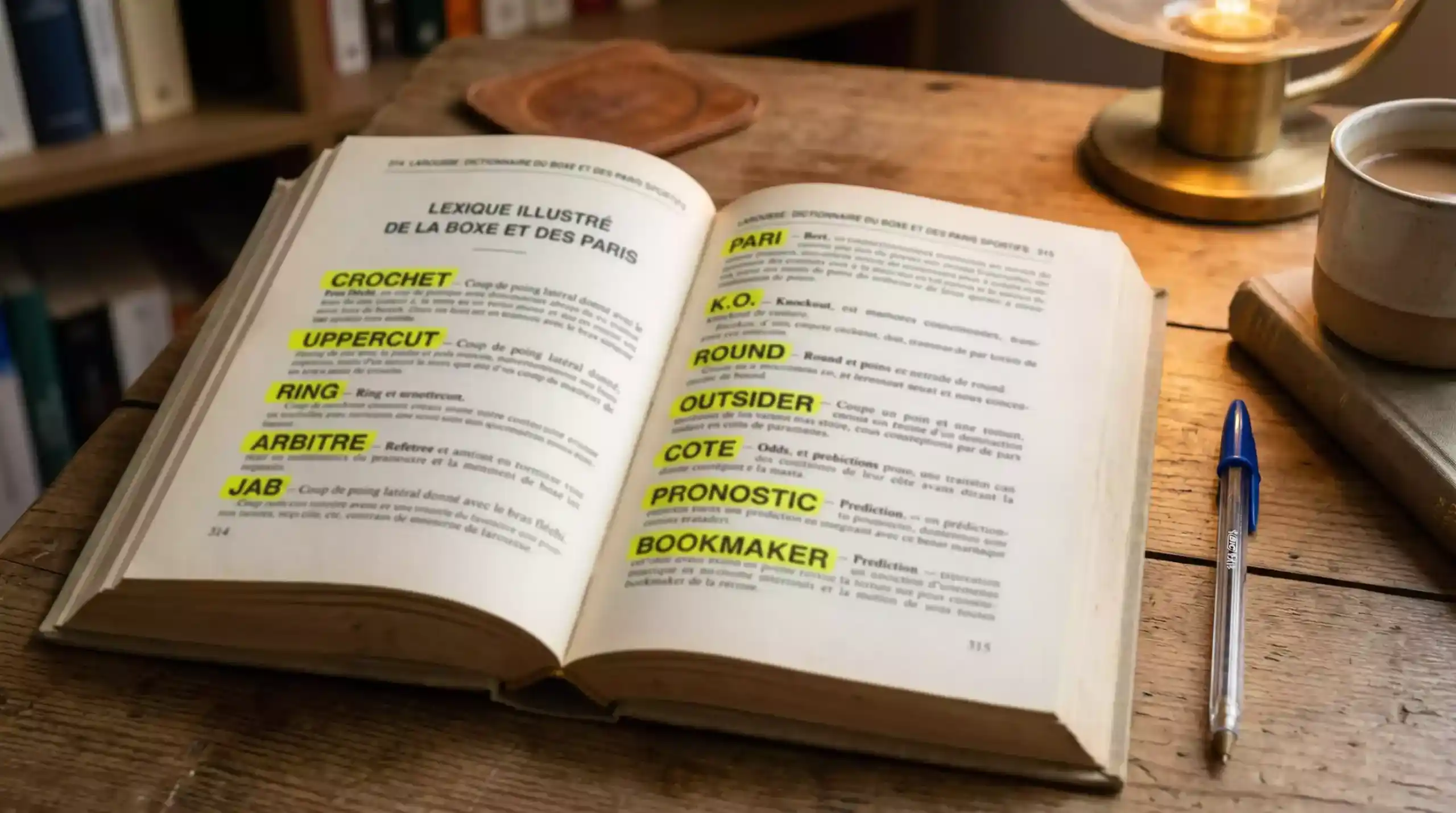 Dictionnaire ouvert sur une page avec des termes de boxe et de paris sportifs surlignés