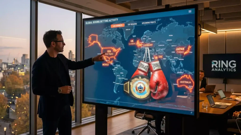 Globe terrestre stylisé avec des icônes de boxe et de paris sportifs sur les continents