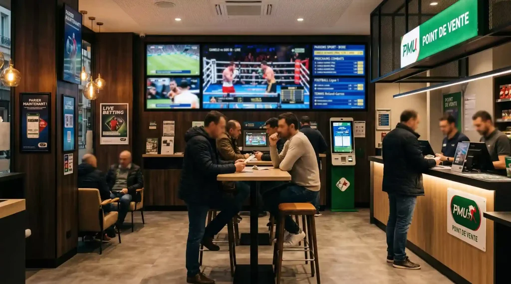 Vue aérienne d'une salle de paris sportifs française avec des écrans affichant des cotes