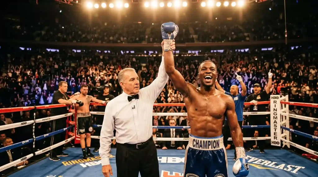 Arbitre de boxe levant le bras du vainqueur sur un ring professionnel après une décision