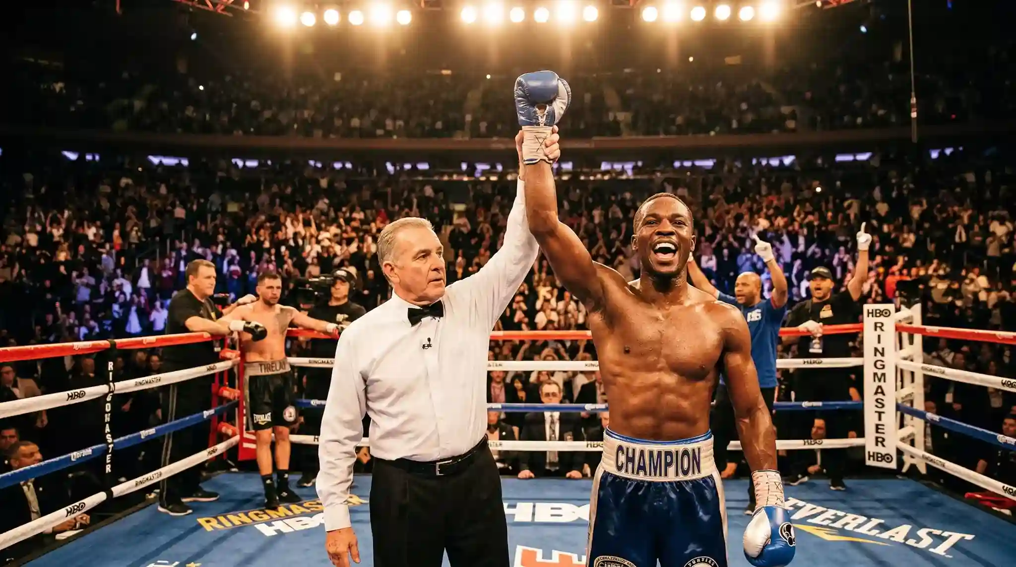 Arbitre de boxe levant le bras du vainqueur sur un ring professionnel après une décision