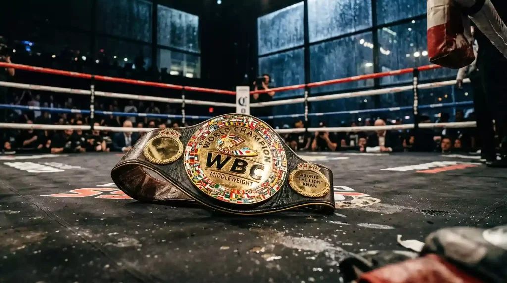 Ceinture de champion du monde de boxe dorée posée sur le tapis d'un ring professionnel