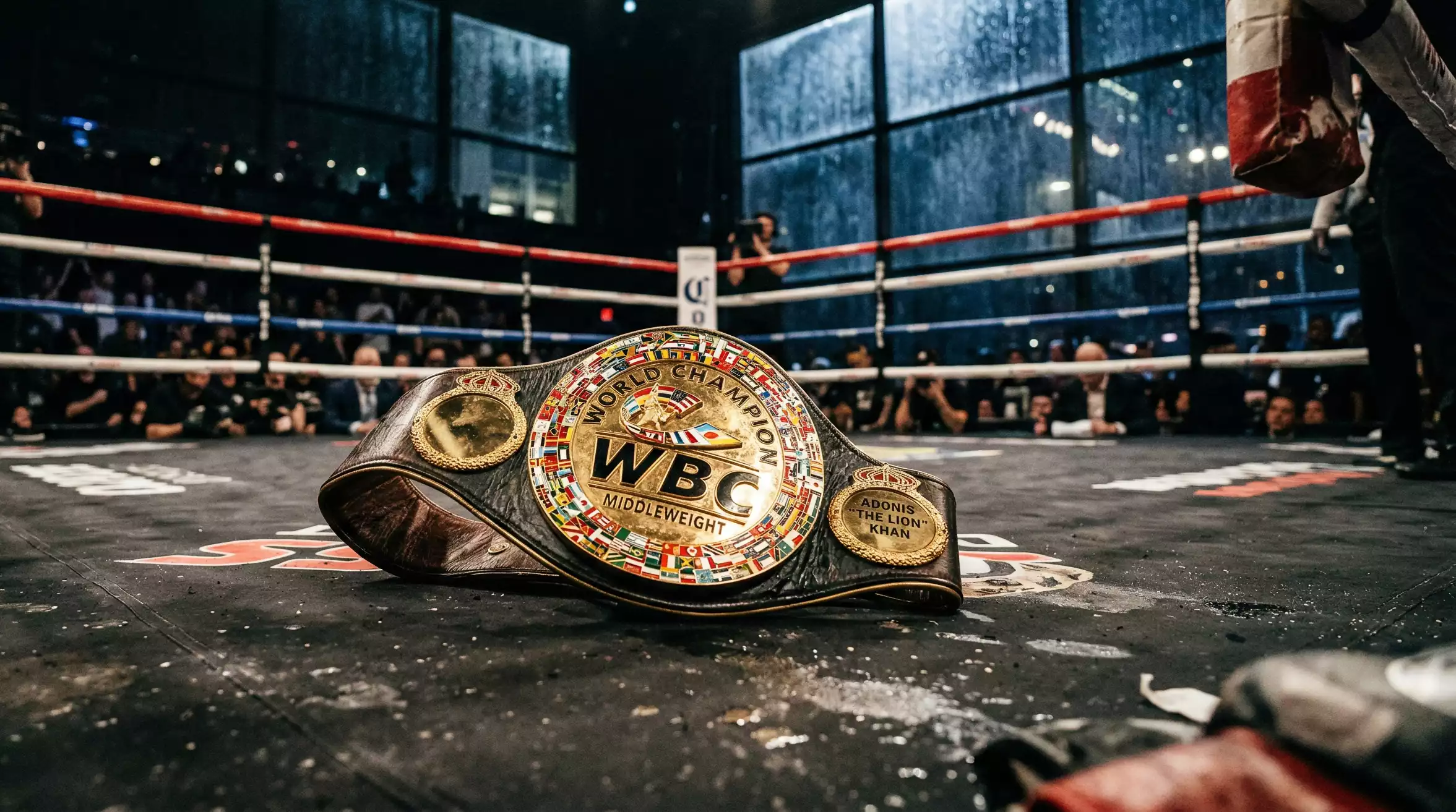 Ceinture de champion du monde de boxe dorée posée sur le tapis d'un ring professionnel
