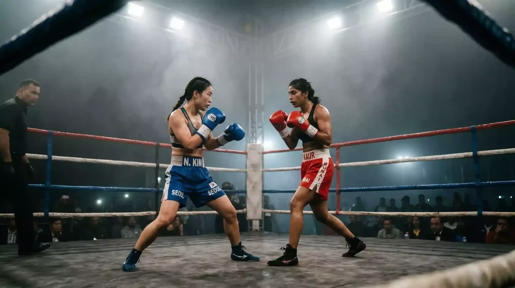 Ring de boxe éclairé sous les projecteurs pendant un combat professionnel en soirée