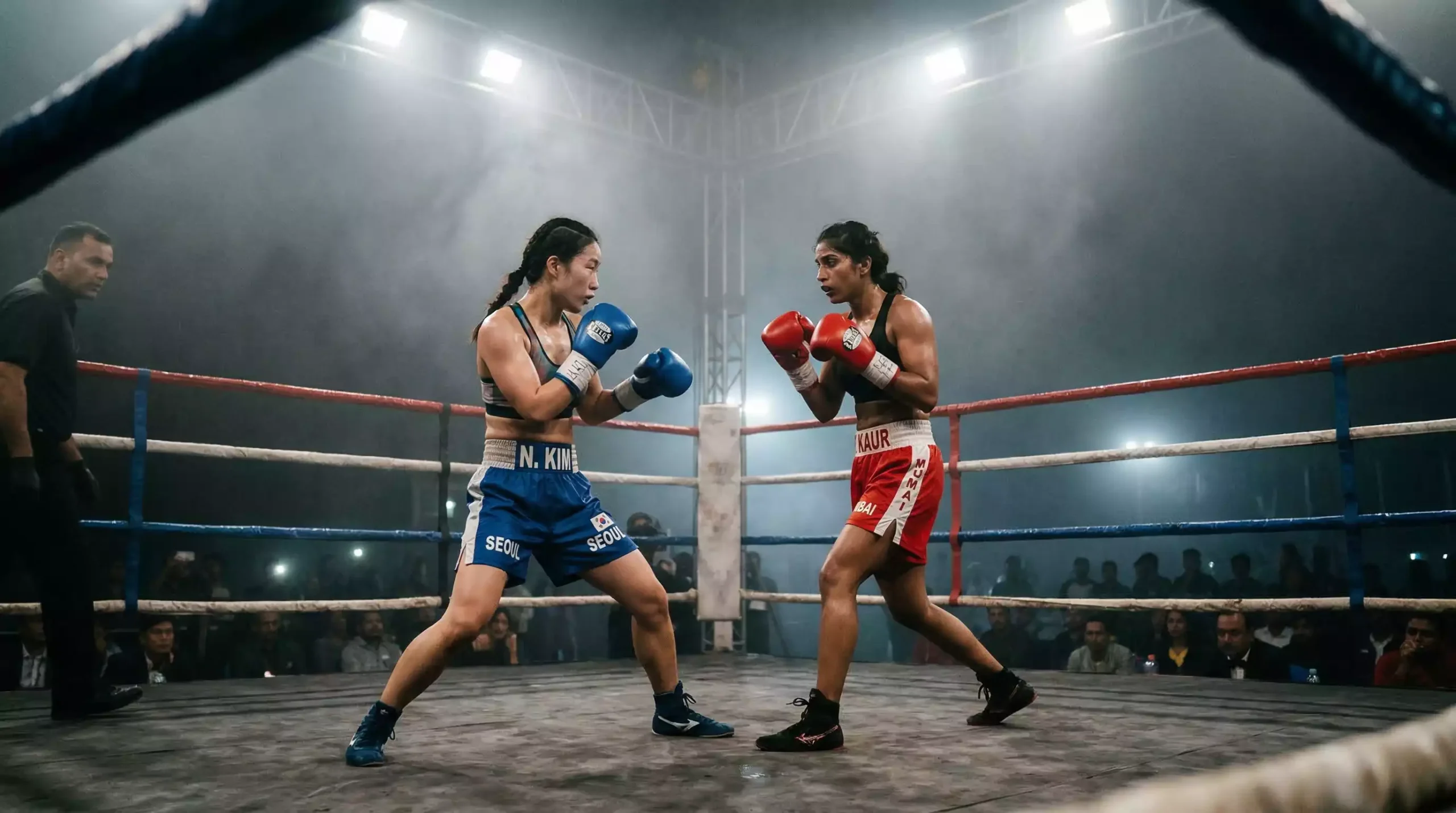 Ring de boxe éclairé sous les projecteurs pendant un combat professionnel en soirée