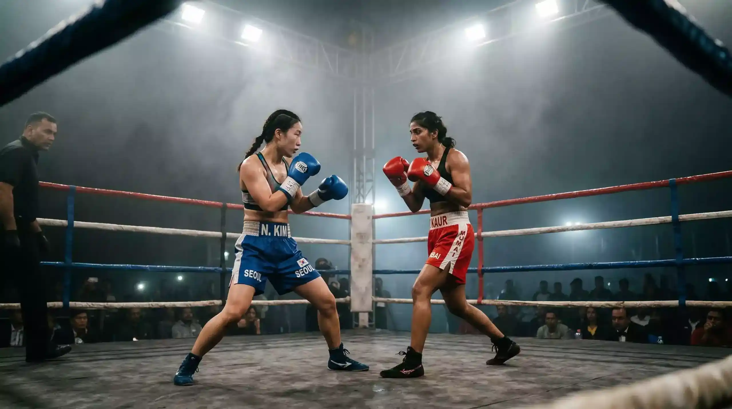 Ring de boxe éclairé sous les projecteurs pendant un combat professionnel en soirée