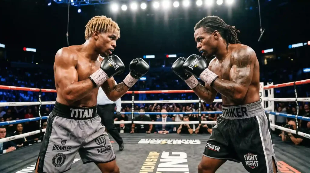 Deux boxeurs poids lourds face à face sur un ring professionnel avant le début du combat