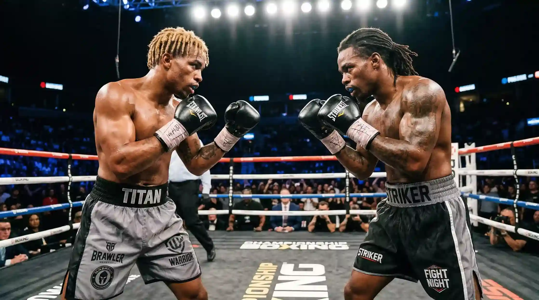 Deux boxeurs poids lourds face à face sur un ring professionnel avant le début du combat