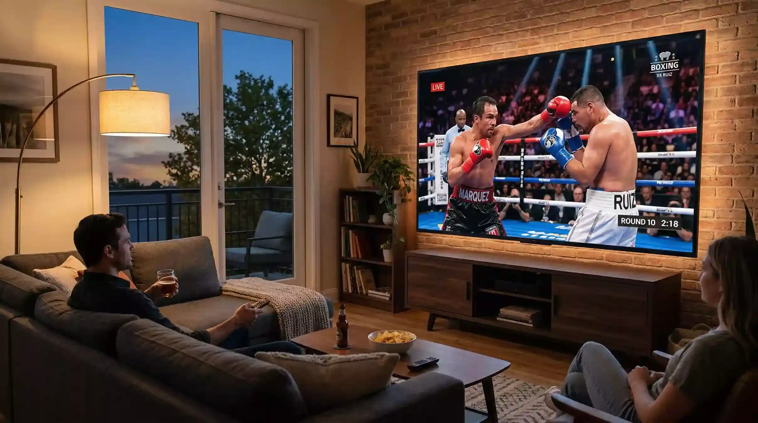 Écran de télévision diffusant un combat de boxe en streaming dans un salon moderne