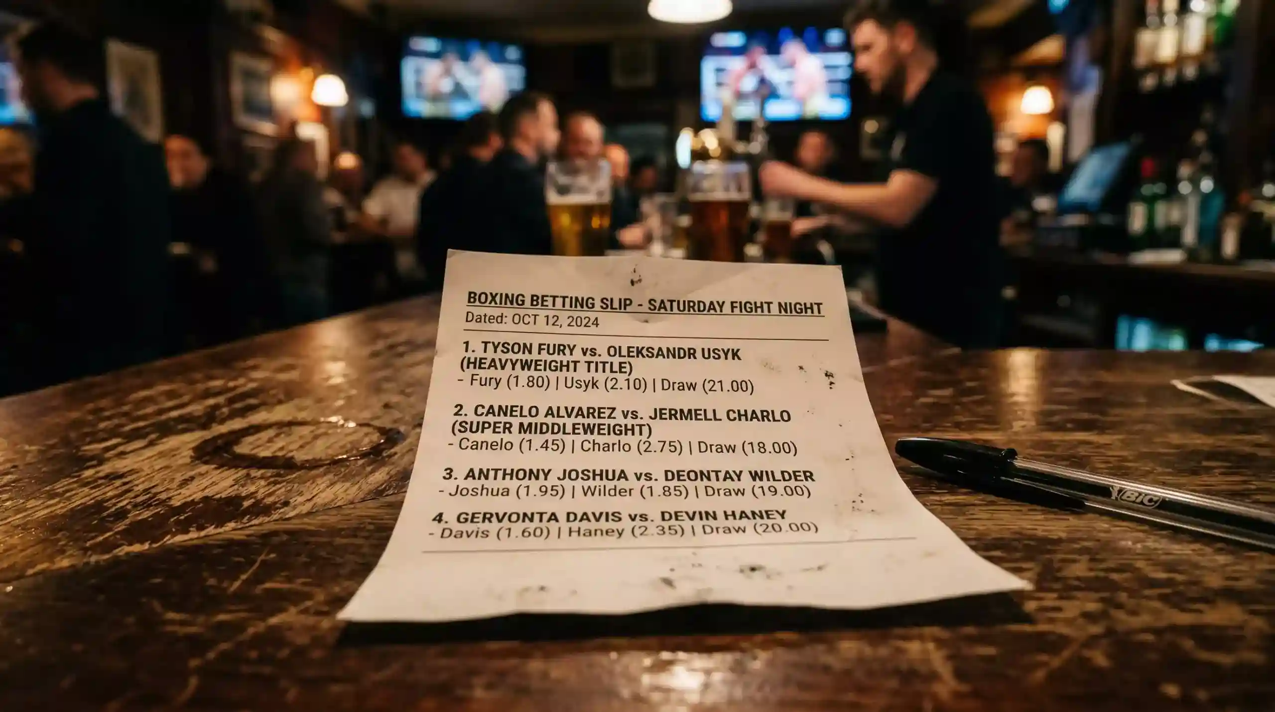 Ticket de paris sportifs avec plusieurs sélections de combats de boxe sur un comptoir