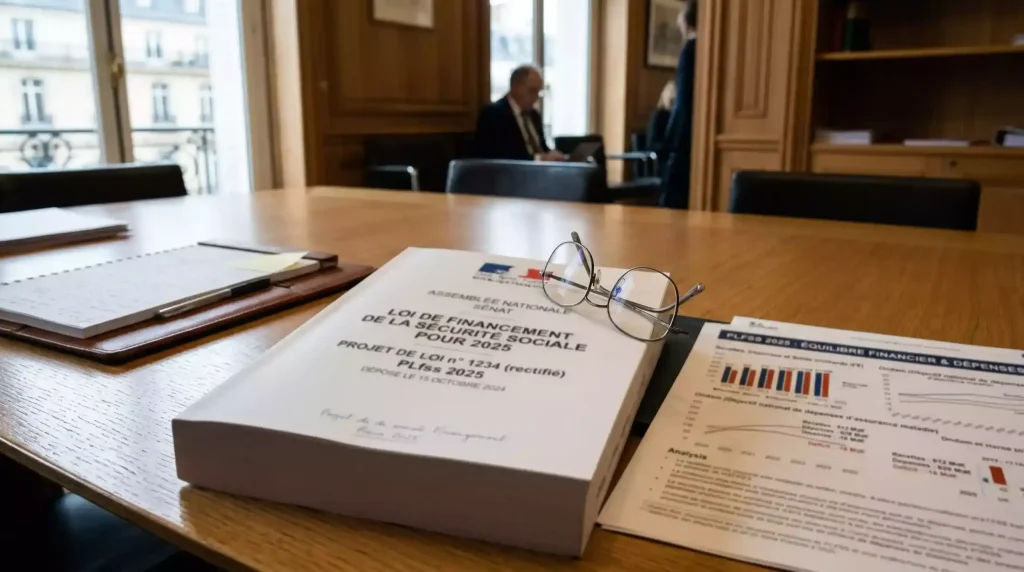 Document officiel de loi française posé sur un bureau avec des graphiques financiers