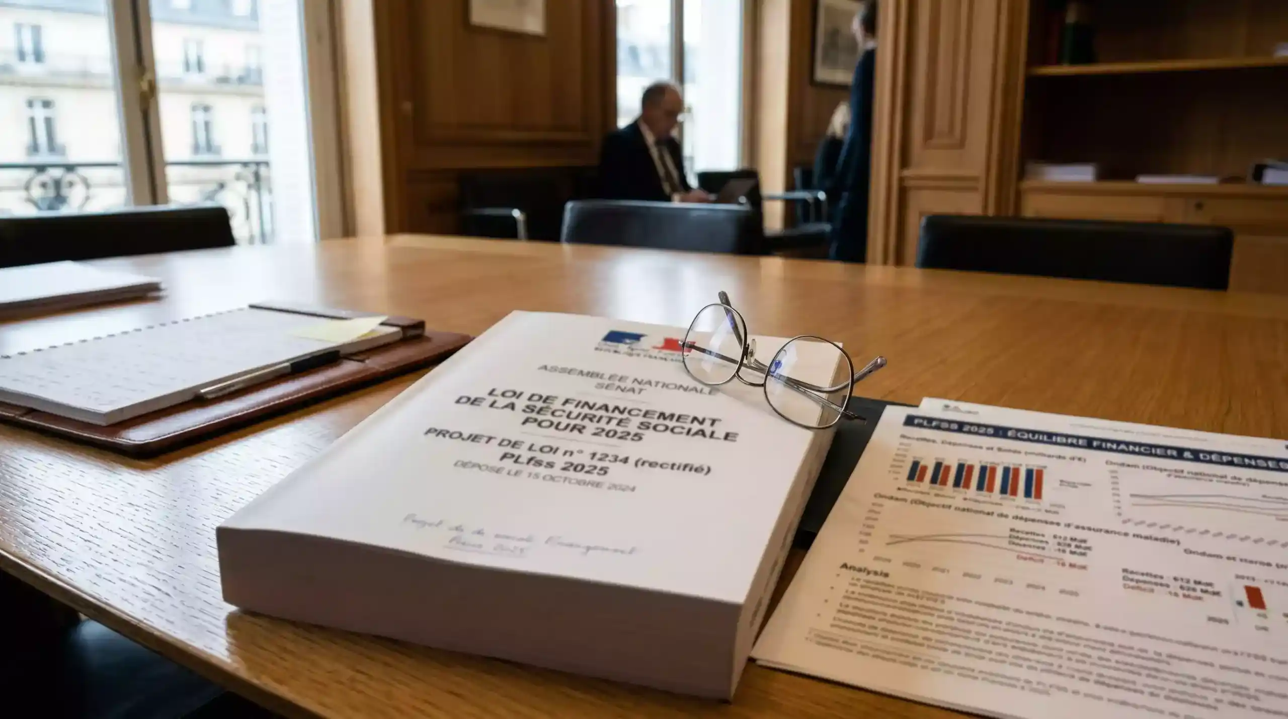 Document officiel de loi française posé sur un bureau avec des graphiques financiers