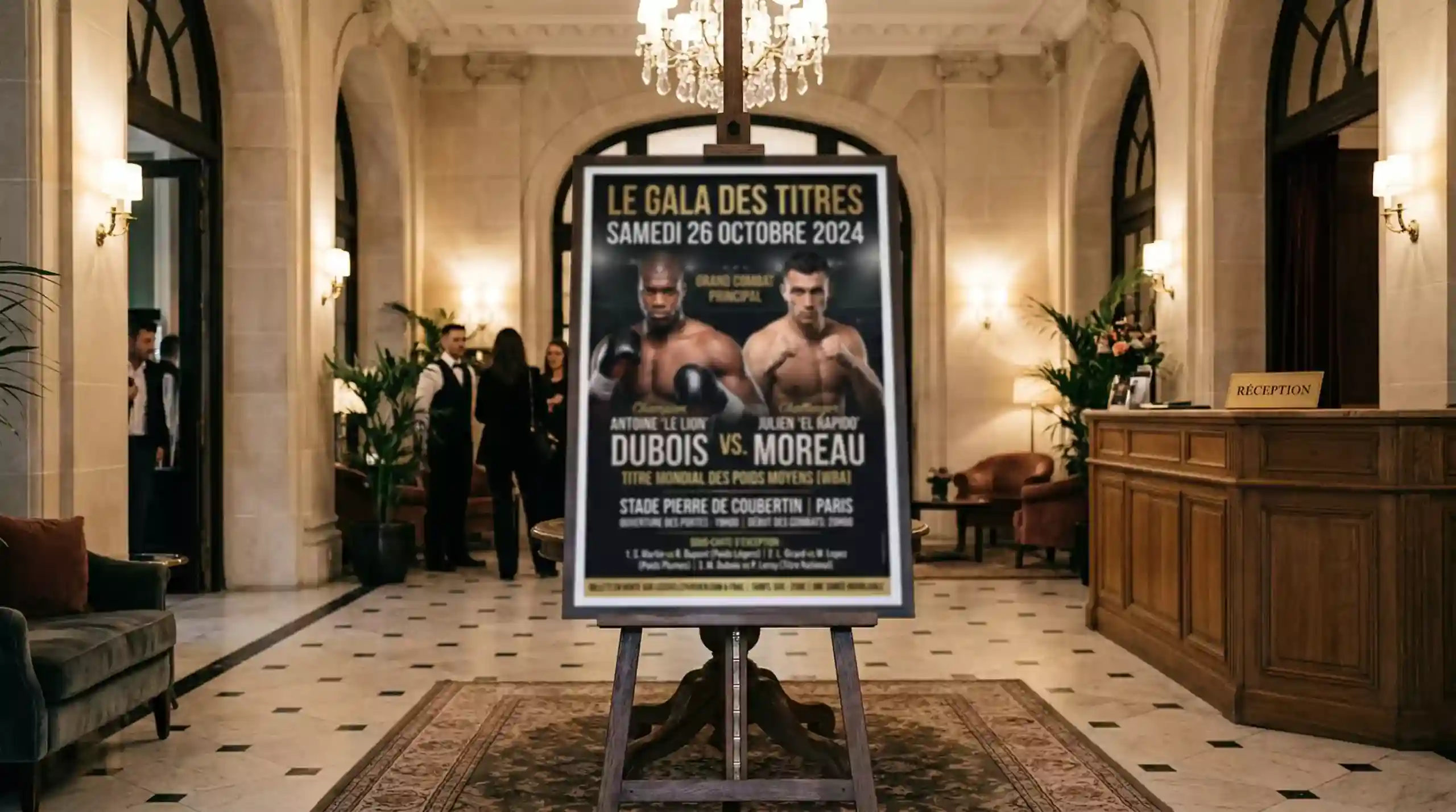 Affiche promotionnelle d'un événement de boxe professionnelle accrochée dans une salle de spectacle