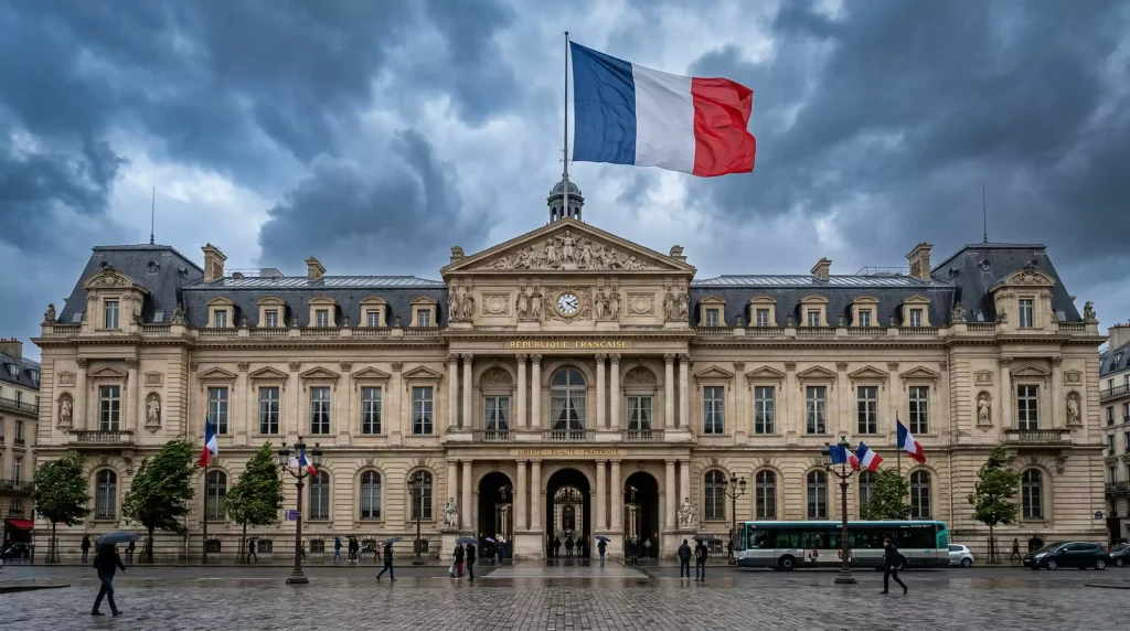Façade d'un bâtiment officiel français avec un drapeau tricolore en arrière-plan