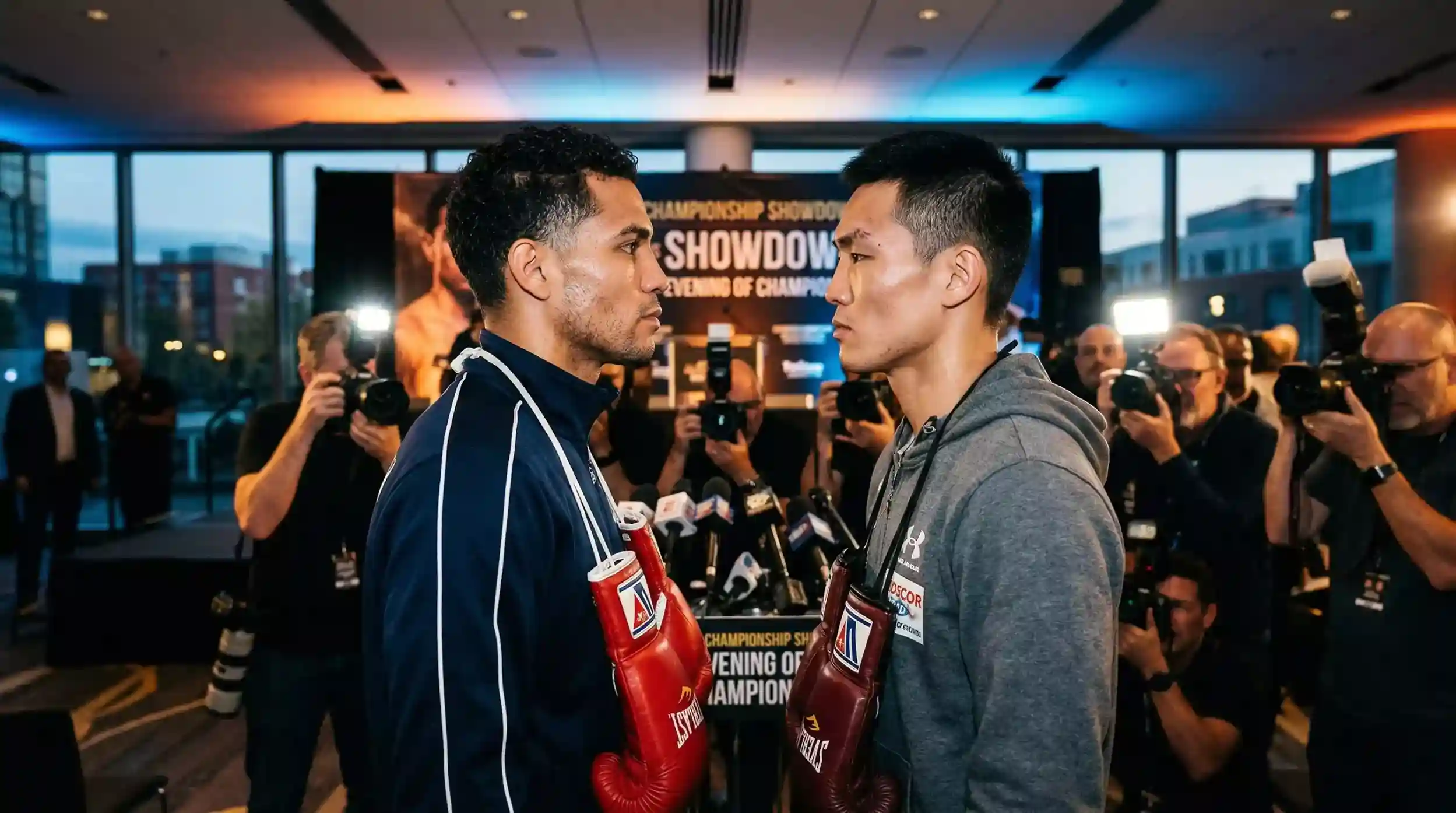 Conférence de presse de boxe avec deux combattants face à face devant les médias