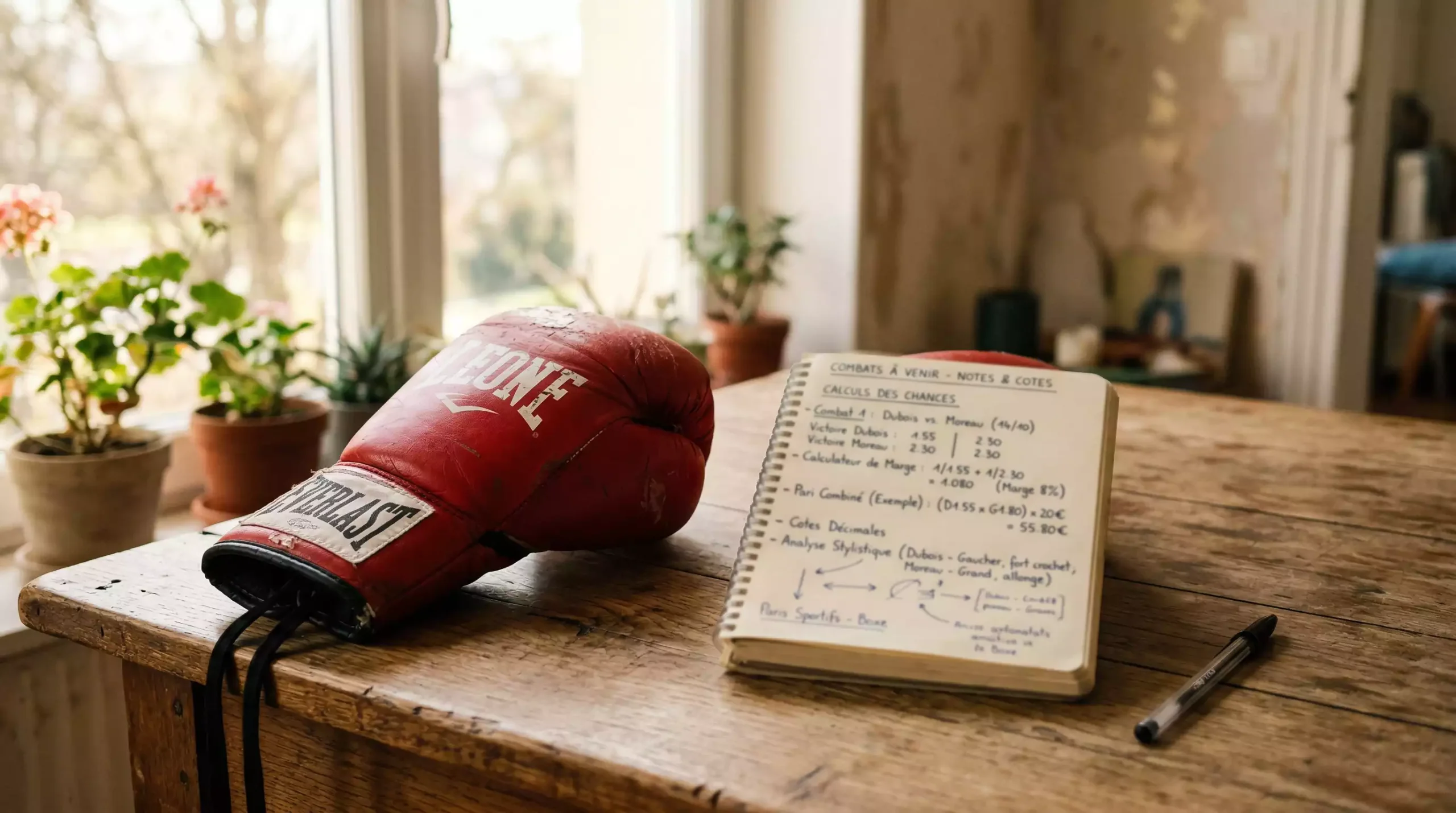 Gant de boxe rouge posé sur une table à côté d'un carnet ouvert avec des calculs de cotes