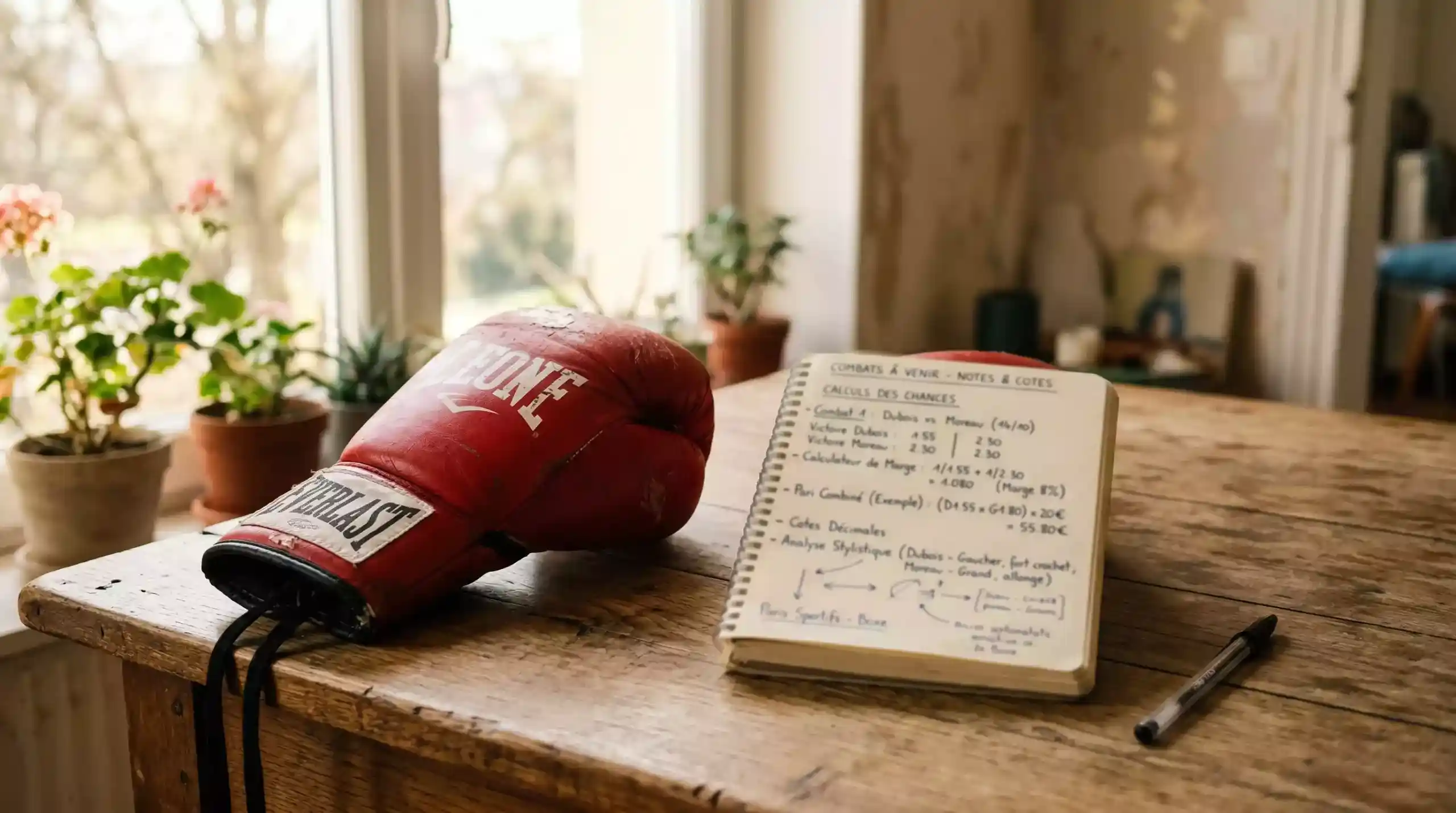 Gant de boxe rouge posé sur une table à côté d'un carnet ouvert avec des calculs de cotes